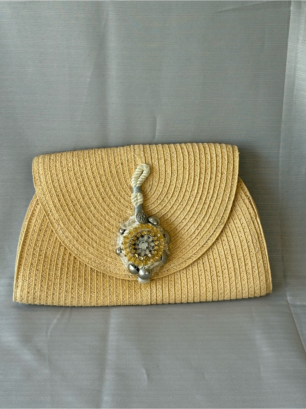 Nine West Woven Envelope Clutch in Light Yellow with Beaded Accent A24